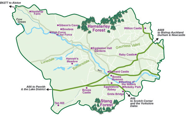 Map of Teesdale showing places of interest